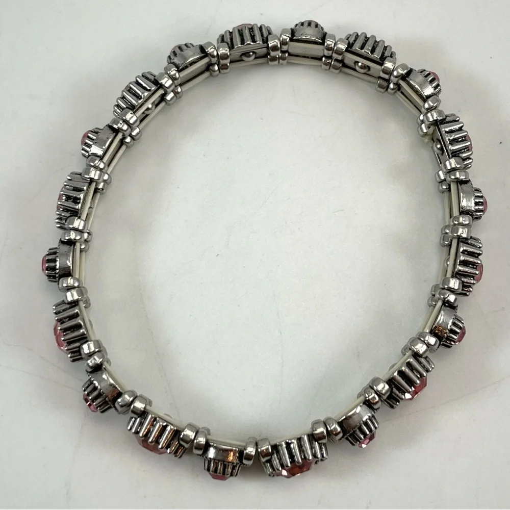 Stunning Unsigned Silver Tone Pink Glass Crystal Rhinestone Stretch Bracelet